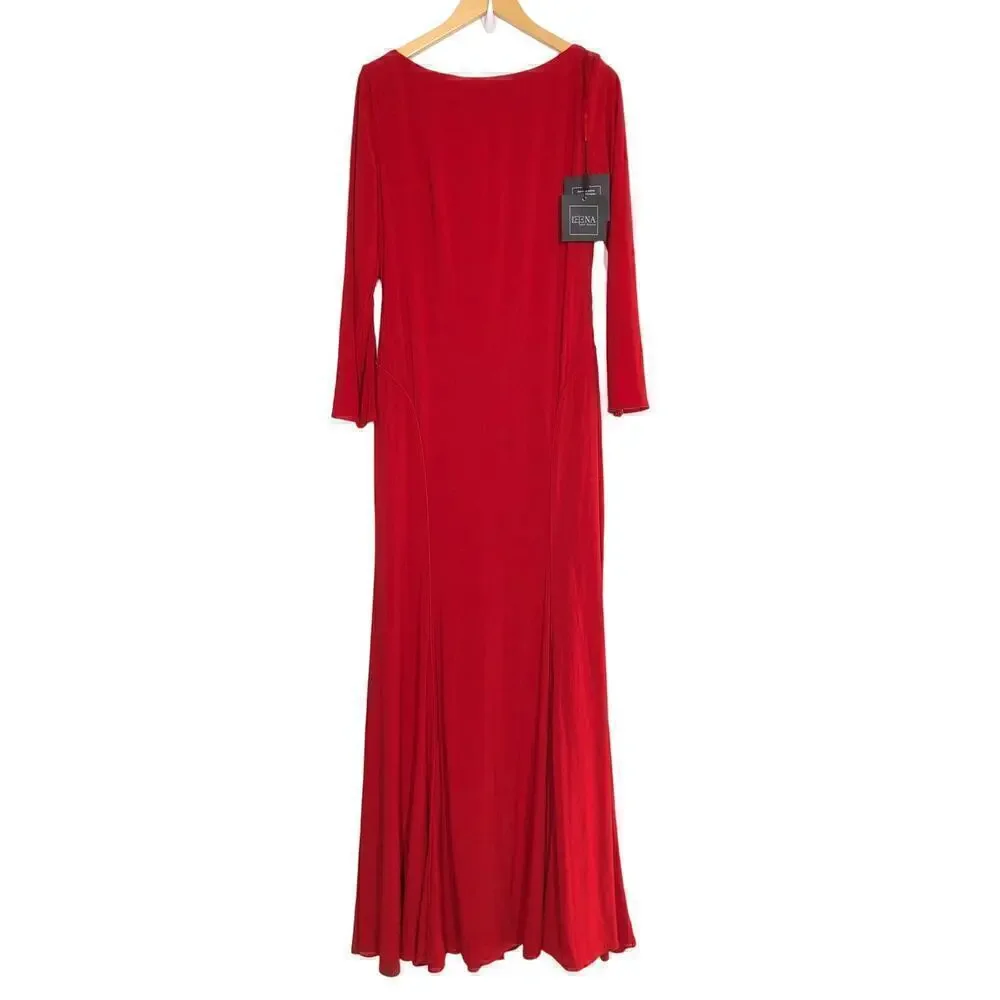 Ieena for Mac Duggal 25929 Dress Long Sleeve Cowl Back Jersey Gown NWT Red 10